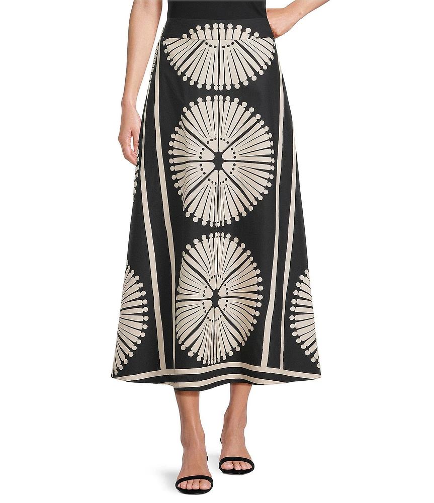 Gibson & Latimer Woven Geometric Fan Print Mid Rise A-Line Flounce Midi Coordinating Skirt