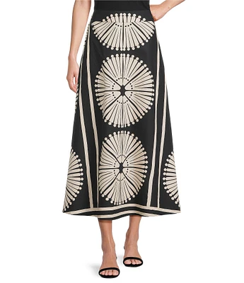 Gibson & Latimer Woven Geometric Fan Print Mid Rise A-Line Flounce Midi Coordinating Skirt