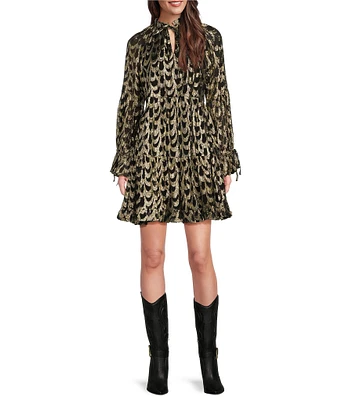 Gibson & Latimer Woven Metallic Ogee Print Split Round Neck Long Peasant Sleeve Tiered A-Line Flounce Above the Knee Dress