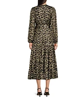 Gibson & Latimer Woven Metallic Ogee Print Surplice V-Neck Long Blouson Sleeve Wrap Tie at Waist A-Line Midi Dress