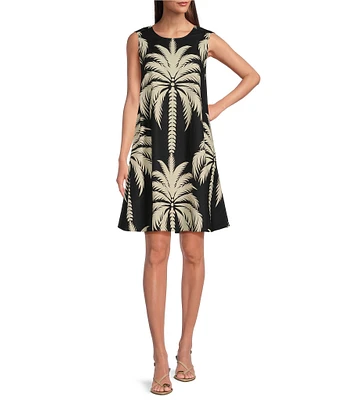 Gibson & Latimer Woven Tropical Palm Print Crew Neck Sleeveless Deep Backline Twist Caftan Dress