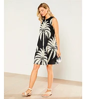 Gibson & Latimer Woven Tropical Palm Print Crew Neck Sleeveless Deep Backline Twist Caftan Dress