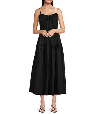 Gibson & Latimer Woven Scoop Tie Neck Spaghetti Strap Smocked Bodice Drop Waist A-Line Flounce Maxi Dress