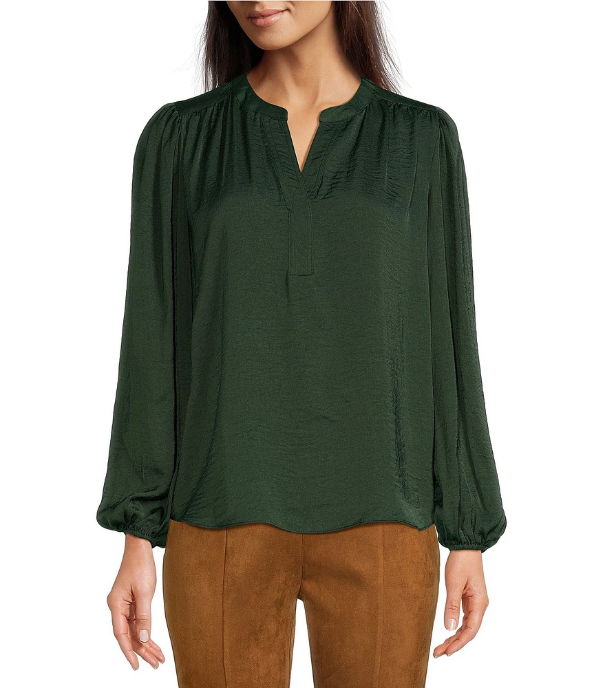 Gibson & Latimer Woven Split Neck Long Balloon Sleeve Blouse