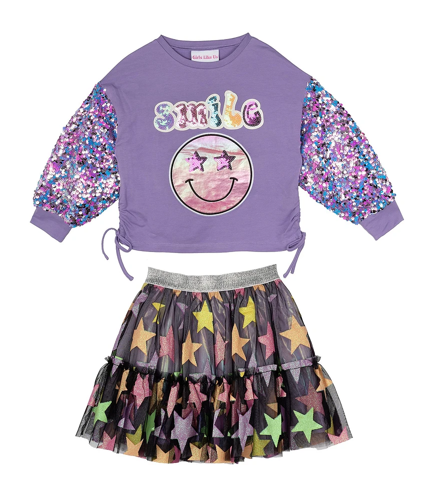 Girls Like Us Little Girls 4-6X Long Sleeve Crew Neck Graphic Shirt & Gathered Tiered Star Skirt Set