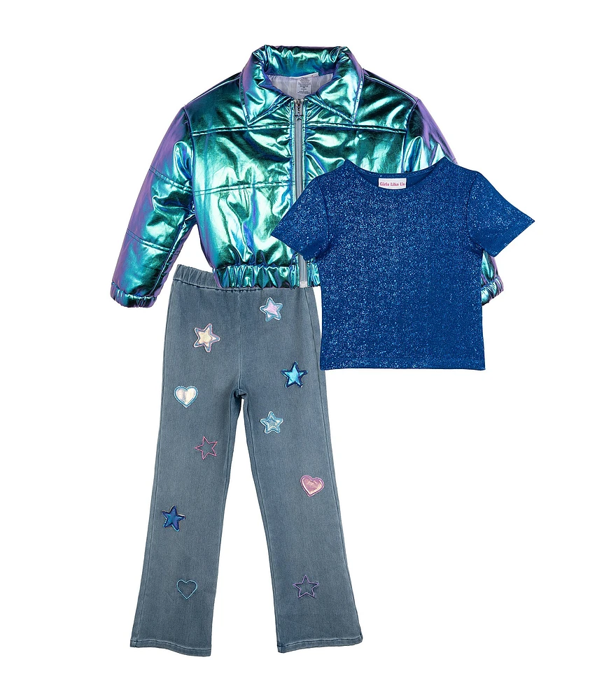 Girls Like Us Little Girls 4-6X Long Sleeve Puffer Jacket, Short Sleeve Top & Denim Leggings Set