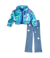 Girls Like Us Little Girls 4-6X Long Sleeve Puffer Jacket, Short Sleeve Top & Denim Leggings Set