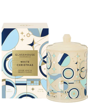 Glasshouse Fragrances White Christmas Cedar Leaf & Fruity Clove Triple Scented Candle, 13.4oz.