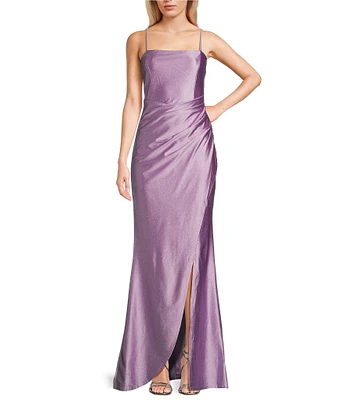 Honey and Rosie Glitter Pleated Side Slit Long Dress