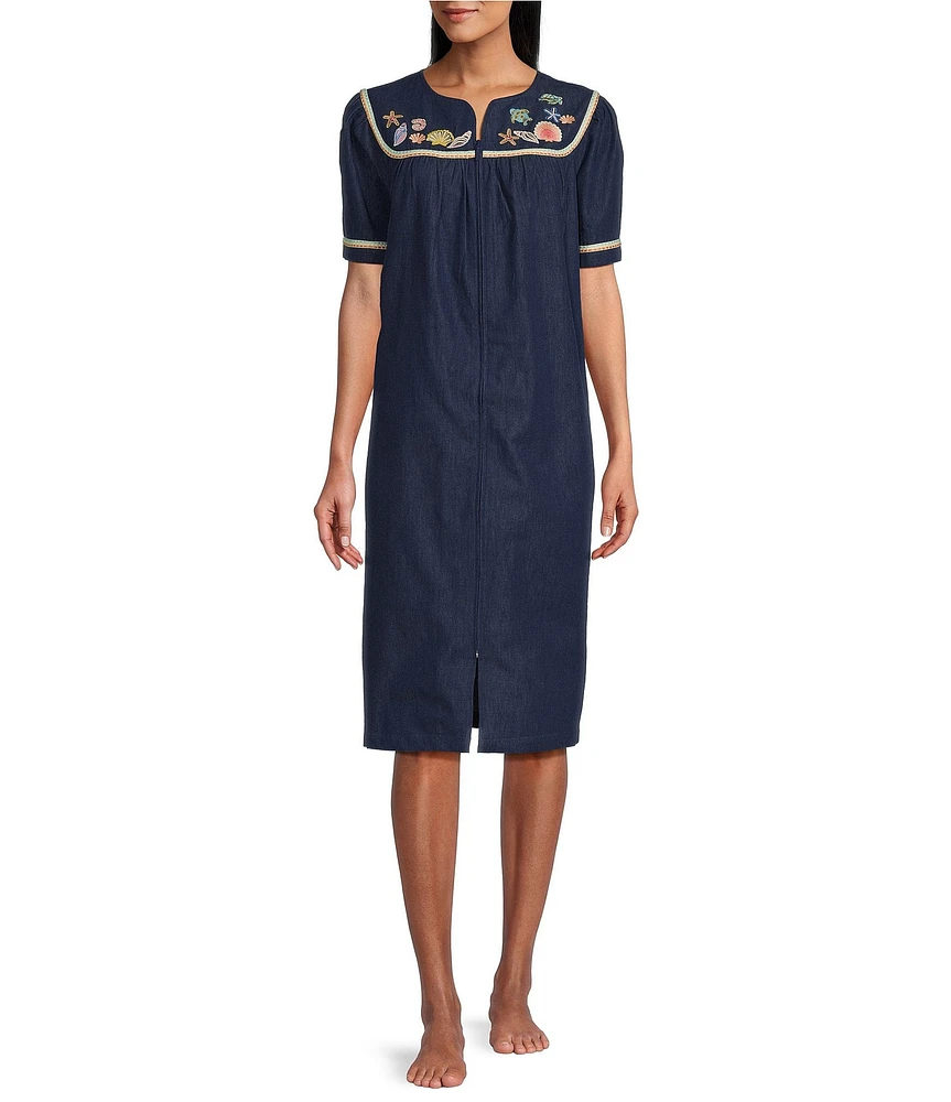 Go Softly Embroidered Sea Life Short Sleeve Zip-Front Denim Patio Dress