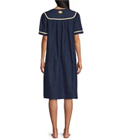 Go Softly Embroidered Sea Life Short Sleeve Zip-Front Denim Patio Dress