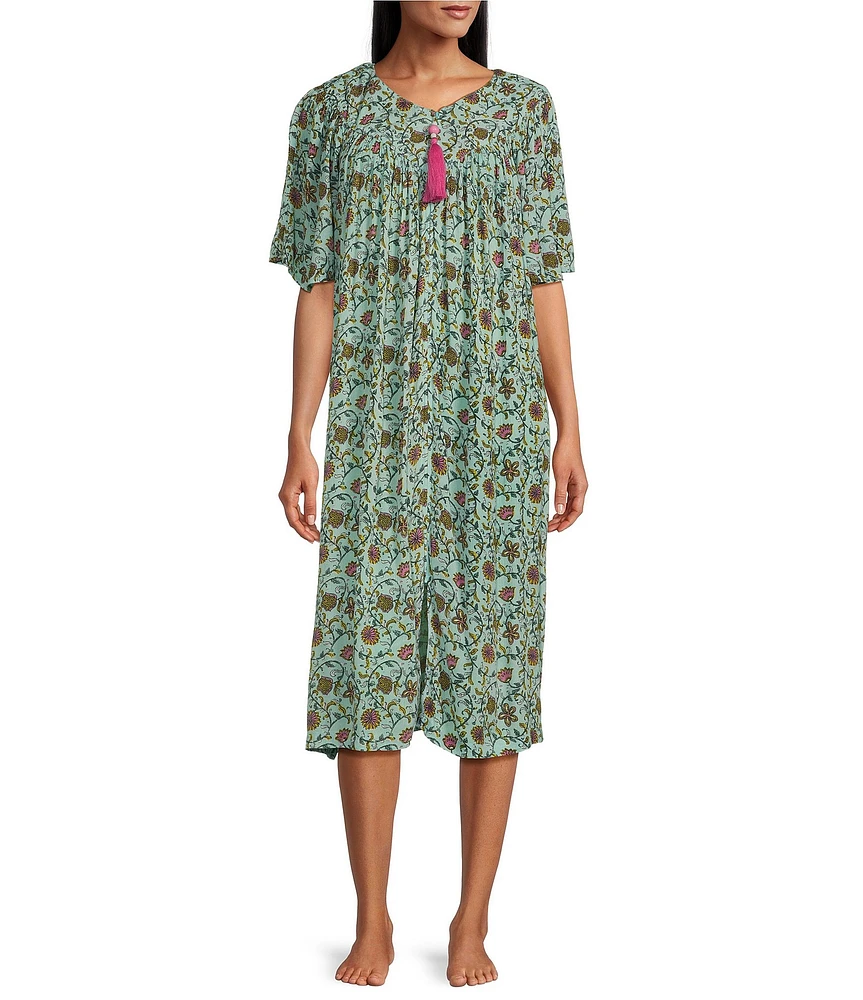 Go Softly Floral Print Short Sleeve V-Neck Zip-Front Patio Dress
