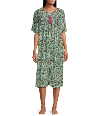 Go Softly Floral Print Short Sleeve V-Neck Zip-Front Patio Dress