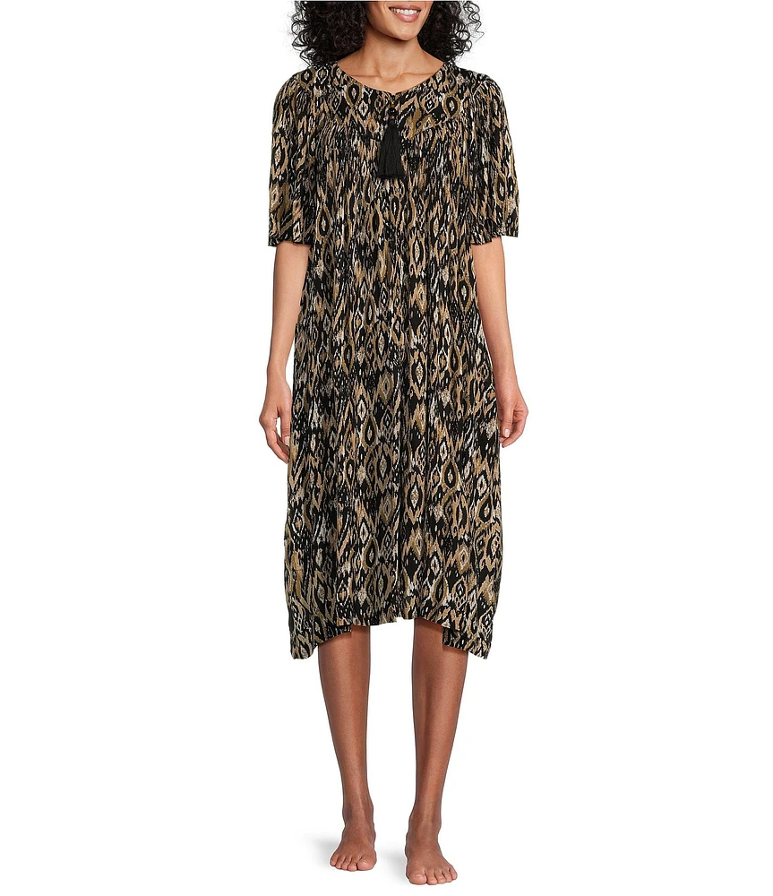 Go Softly Ikat Print V-Neck Short Sleeve Zip-Front Crinkle Patio Dress