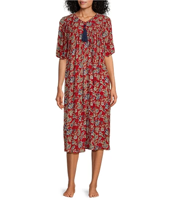 Go Softly Paisley Print Short Sleeve V-Neck Zip-Front Patio Dress