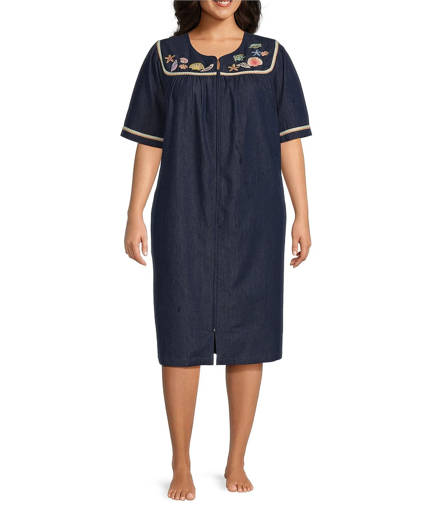 Go Softly Plus Size Embroidered Sea Life Short Sleeve Zip-Front Denim Patio Dress
