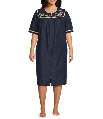 Go Softly Plus Size Embroidered Sea Life Short Sleeve Zip-Front Denim Patio Dress