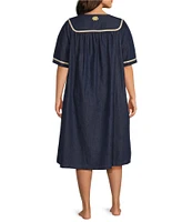 Go Softly Plus Size Embroidered Sea Life Short Sleeve Zip-Front Denim Patio Dress