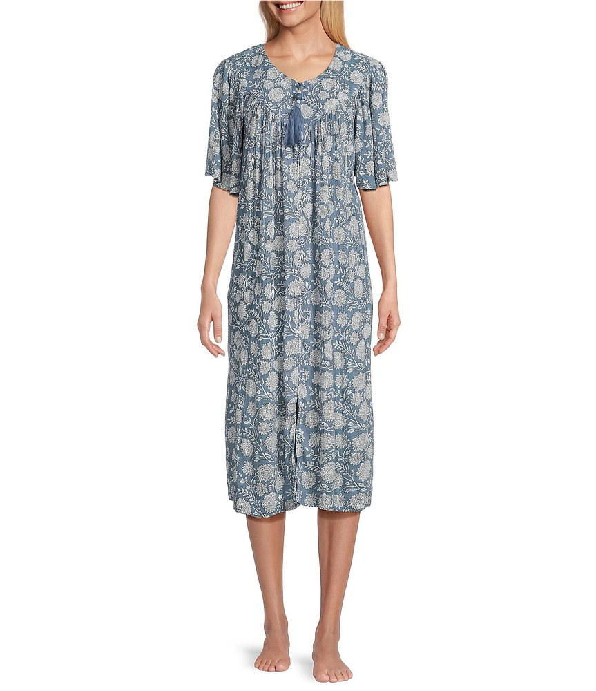 Go Softly Short Sleeve V-Neck Floral Zip-Front Crinkle Patio Dress