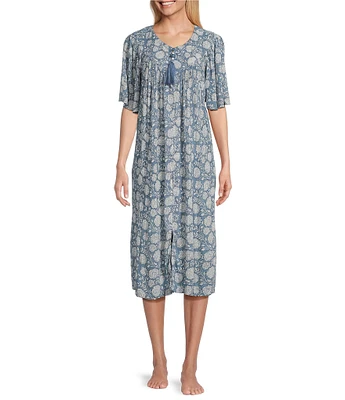 Go Softly Short Sleeve V-Neck Floral Zip-Front Crinkle Patio Dress