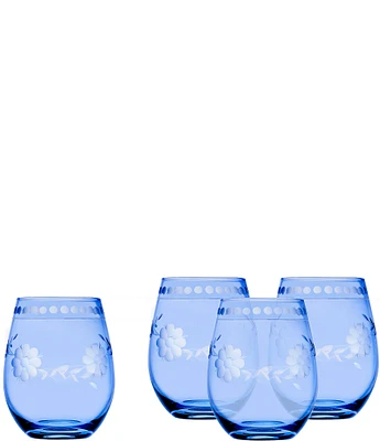 Godinger Belle Fleur Blue Stemless Wine Glasses, Set of 4, 16 oz.