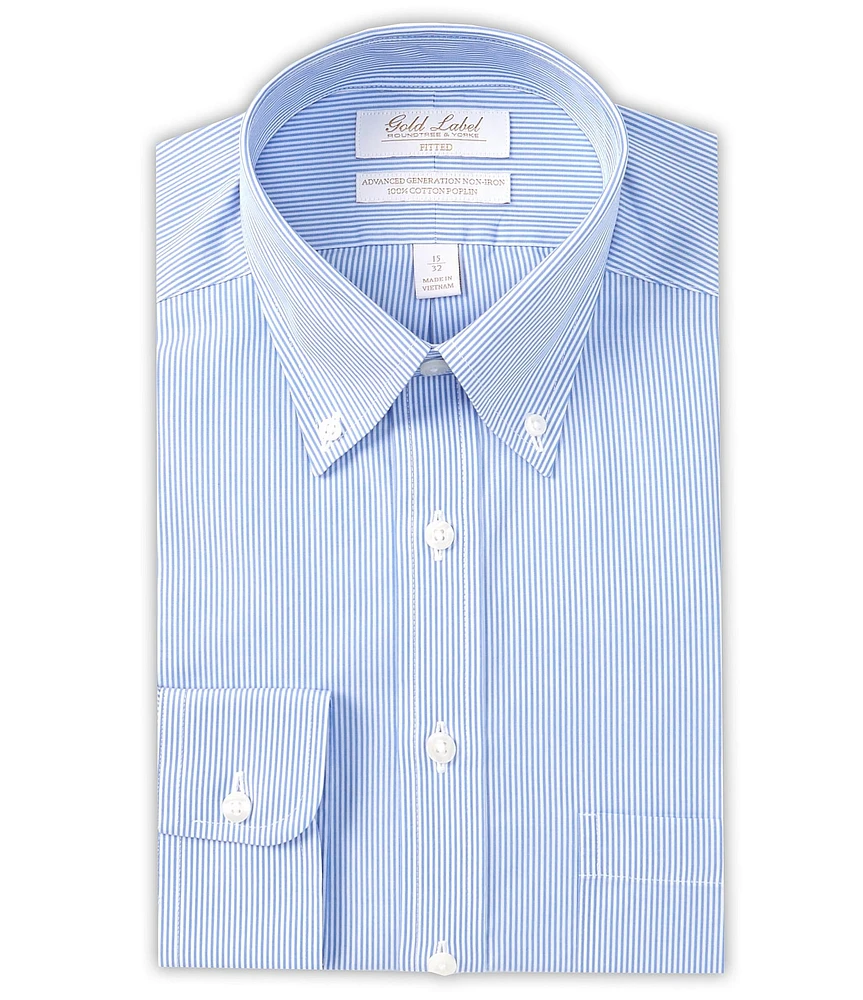 Gold Label Roundtree & Yorke Fitted Non-Iron Button-Down Collar Striped Poplin Dress Shirt