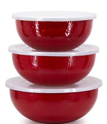 Golden Rabbit Enamelware Solid Texture Red Mixing Bowls, Set of 3