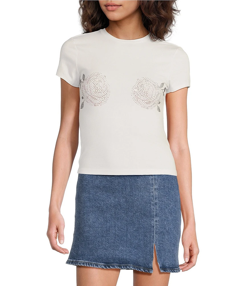 Good American Crew Neck Short Sleeve Super Stretch Rhinestone Rose Baby Tee