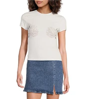 Good American Crew Neck Short Sleeve Super Stretch Rhinestone Rose Baby Tee