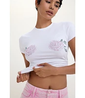 Good American Crew Neck Short Sleeve Super Stretch Rhinestone Rose Baby Tee