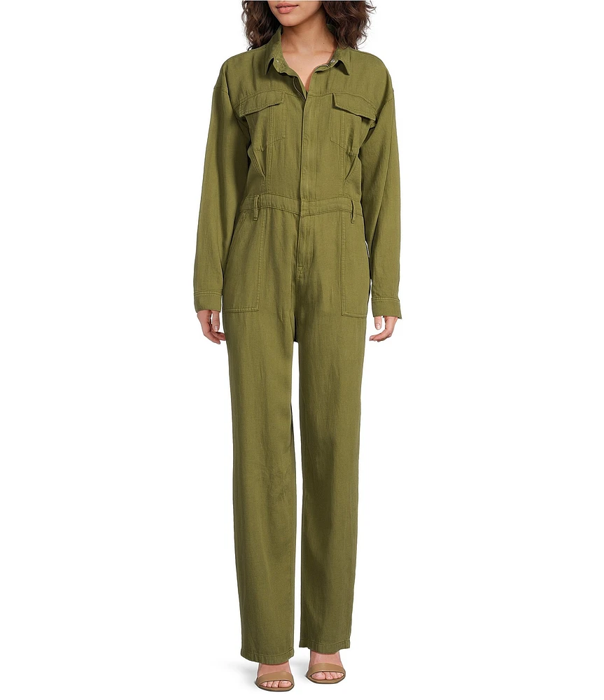 Good American Lite Linen Oversized Collar Neckline Long Sleeve Jumpsuit