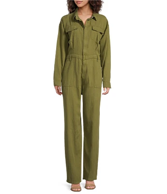 Good American Lite Linen Oversized Collar Neckline Long Sleeve Jumpsuit