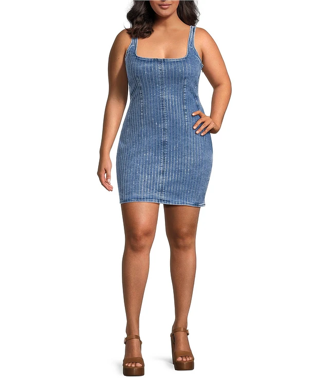 Good American Plus Size Denim Rhinestone Square Neck Sleeveless Shift Dress | Liberty Center Good American Plus Size Denim Rhinestone Square Neck Sleeveless Shift Dress | Liberty Center