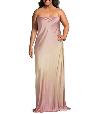 Good American Plus Ombre Print Square Neck Sleeveless Satin Slip Maxi Dress