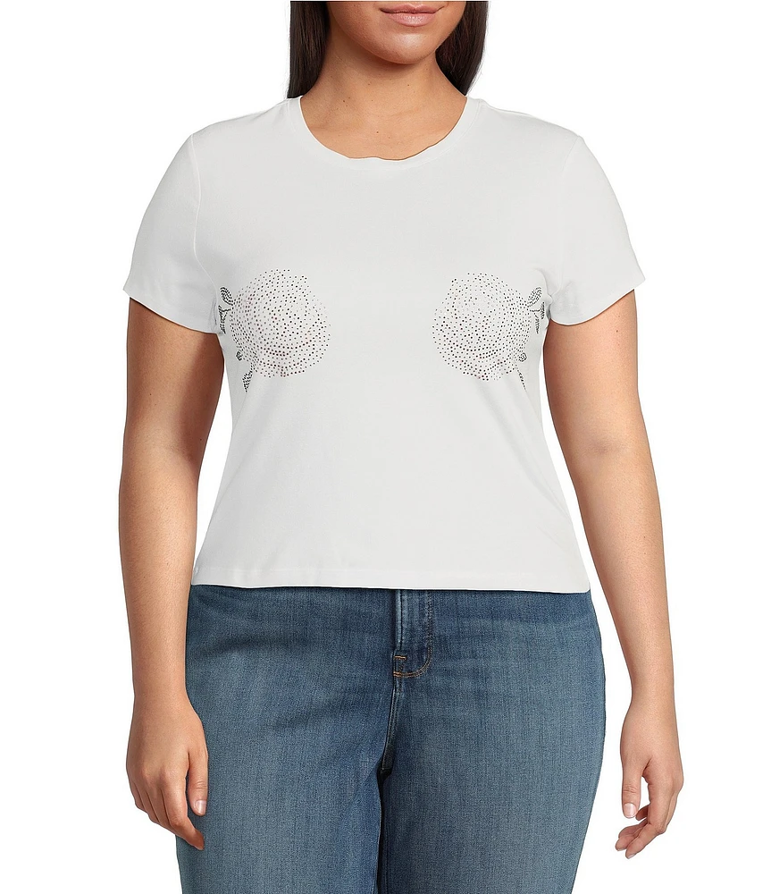 Good American Plus Size Crew Neck Short Sleeve Super Stretch Rhinestone Rose Baby Tee