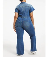 Good American Plus Size Fit For Success Short Sleeve Point Collar Straight Leg Stretch Denim Jumpsuit