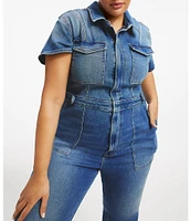 Good American Plus Size Fit For Success Short Sleeve Point Collar Straight Leg Stretch Denim Jumpsuit