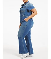 Good American Plus Size Fit For Success Short Sleeve Point Collar Straight Leg Stretch Denim Jumpsuit