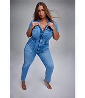 Good American Plus Size Fit For Success Short Sleeve Point Collar Straight Leg Stretch Denim Jumpsuit
