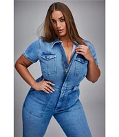 Good American Plus Size Fit For Success Short Sleeve Point Collar Straight Leg Stretch Denim Jumpsuit