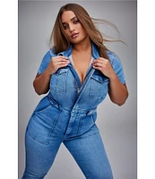 Good American Plus Size Fit For Success Short Sleeve Point Collar Straight Leg Stretch Denim Jumpsuit