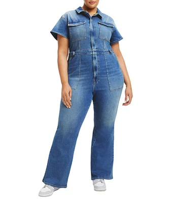 Good American Plus Size Fit For Success Short Sleeve Point Collar Straight Leg Stretch Denim Jumpsuit