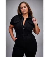 Good American Plus Size Fit For Success Short Sleeve Point Collar Straight Leg Stretch Denim Jumpsuit
