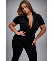Good American Plus Size Fit For Success Short Sleeve Point Collar Straight Leg Stretch Denim Jumpsuit