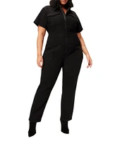 Good American Plus Size Fit For Success Short Sleeve Point Collar Straight Leg Stretch Denim Jumpsuit