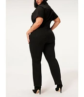 Good American Plus Size Fit For Success Short Sleeve Point Collar Straight Leg Stretch Denim Jumpsuit