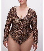 Good American Plus Size High Shine Compression Leopard Scoop Neck Long Sleeve Bodysuit