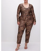 Good American Plus Size High Shine Compression Leopard Scoop Neck Long Sleeve Bodysuit