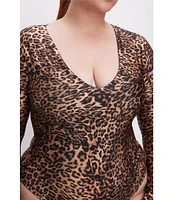 Good American Plus Size High Shine Compression Leopard Scoop Neck Long Sleeve Bodysuit