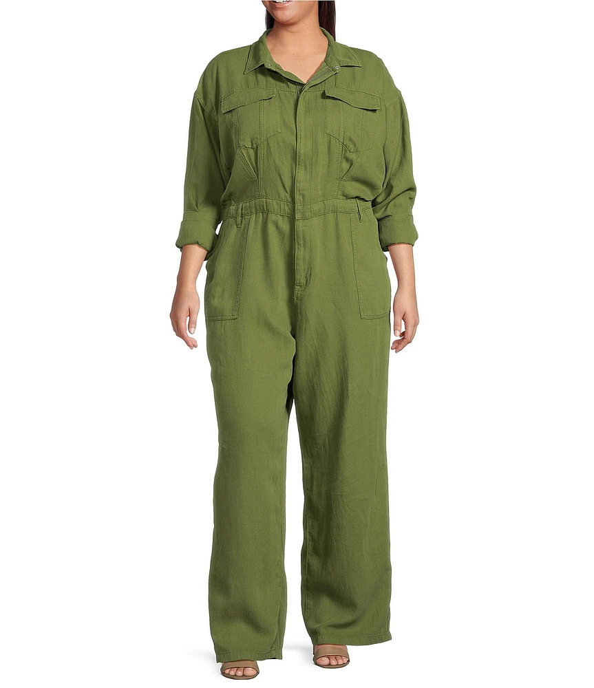 Good American Plus Size Lite Linen Oversized Collar Neckline Long Sleeve Jumpsuit
